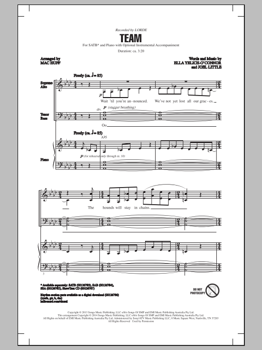 Mac Huff Team sheet music notes and chords. Download Printable PDF.