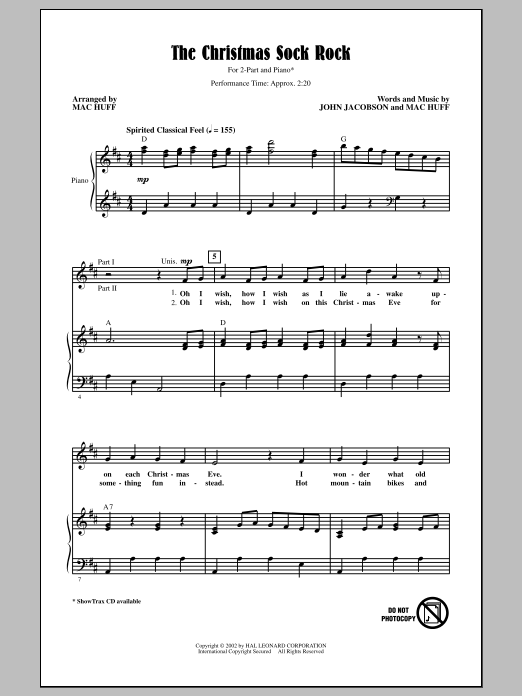 Learn to play Mac Huff The Christmas Sock Rock sheet music for 2-Part Choir in minutes. Price: 3.9900$ Mac Huff The Christmas Sock Rock sheet music notes and chords arranged for 2-Part Choir