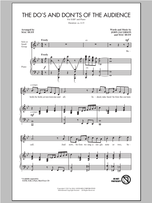 Learn to play Mac Huff The Do's And Don'ts Of The Audience sheet music for 2-Part Choir in minutes. Price: 3.9900$ Mac Huff The Do's And Don'ts Of The Audience sheet music notes and chords arranged for 2-Part Choir