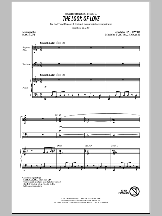 Learn to play Mac Huff The Look Of Love sheet music for SAB Choir in minutes. Price: 3.9900$ Mac Huff The Look Of Love sheet music notes and chords arranged for SAB Choir