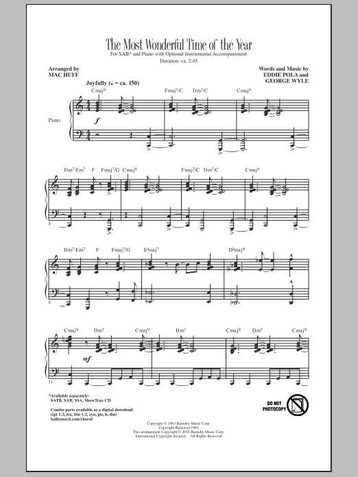 Learn to play Mac Huff The Most Wonderful Time Of The Year sheet music for SSA Choir in minutes. Price: 3.9900$ Mac Huff The Most Wonderful Time Of The Year sheet music notes and chords arranged for SSA Choir