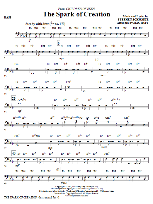 Learn to play Mac Huff The Spark of Creation (from Children of Eden) - Bass sheet music for Choir Instrumental Pak in minutes. Price: 8.9900$ Mac Huff The Spark of Creation (from Children of Eden) - Bass sheet music notes and chords arranged for Choir Instrumental Pak