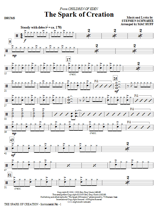 Learn to play Mac Huff The Spark of Creation (from Children of Eden) - Drums sheet music for Choir Instrumental Pak in minutes. Price: 8.9900$ Mac Huff The Spark of Creation (from Children of Eden) - Drums sheet music notes and chords arranged for Choir Instrumental Pak