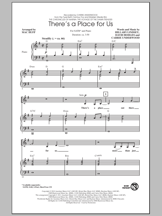 Learn to play Carrie Underwood There's A Place For Us (arr. Mac Huff) sheet music for 2-Part Choir in minutes. Price: 3.9900$ Carrie Underwood There's A Place For Us (arr. Mac Huff) sheet music notes and chords arranged for 2-Part Choir