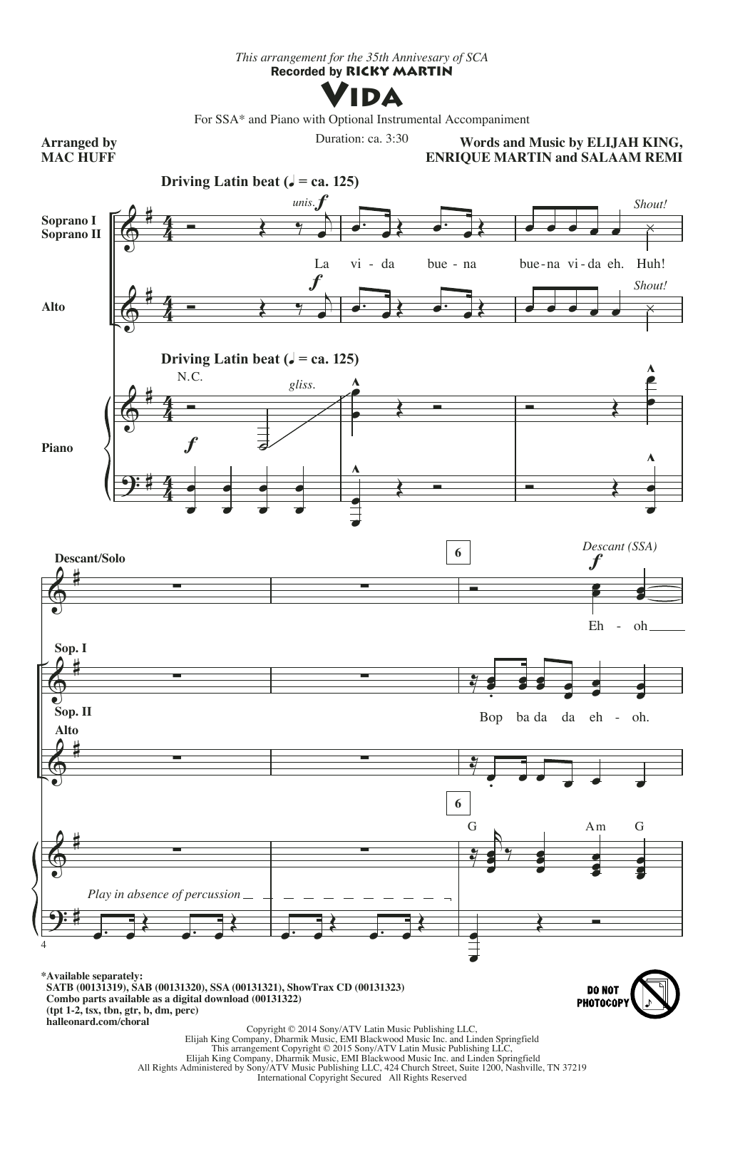 Ricky Martin Vida (arr. Mac Huff) sheet music notes and chords. Download Printable PDF.