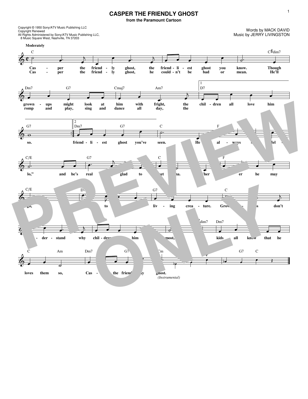 Learn to play Mack David Casper The Friendly Ghost sheet music for Lead Sheet / Fake Book in minutes. Price: 5.9900$ Mack David Casper The Friendly Ghost sheet music notes and chords arranged for Lead Sheet / Fake Book