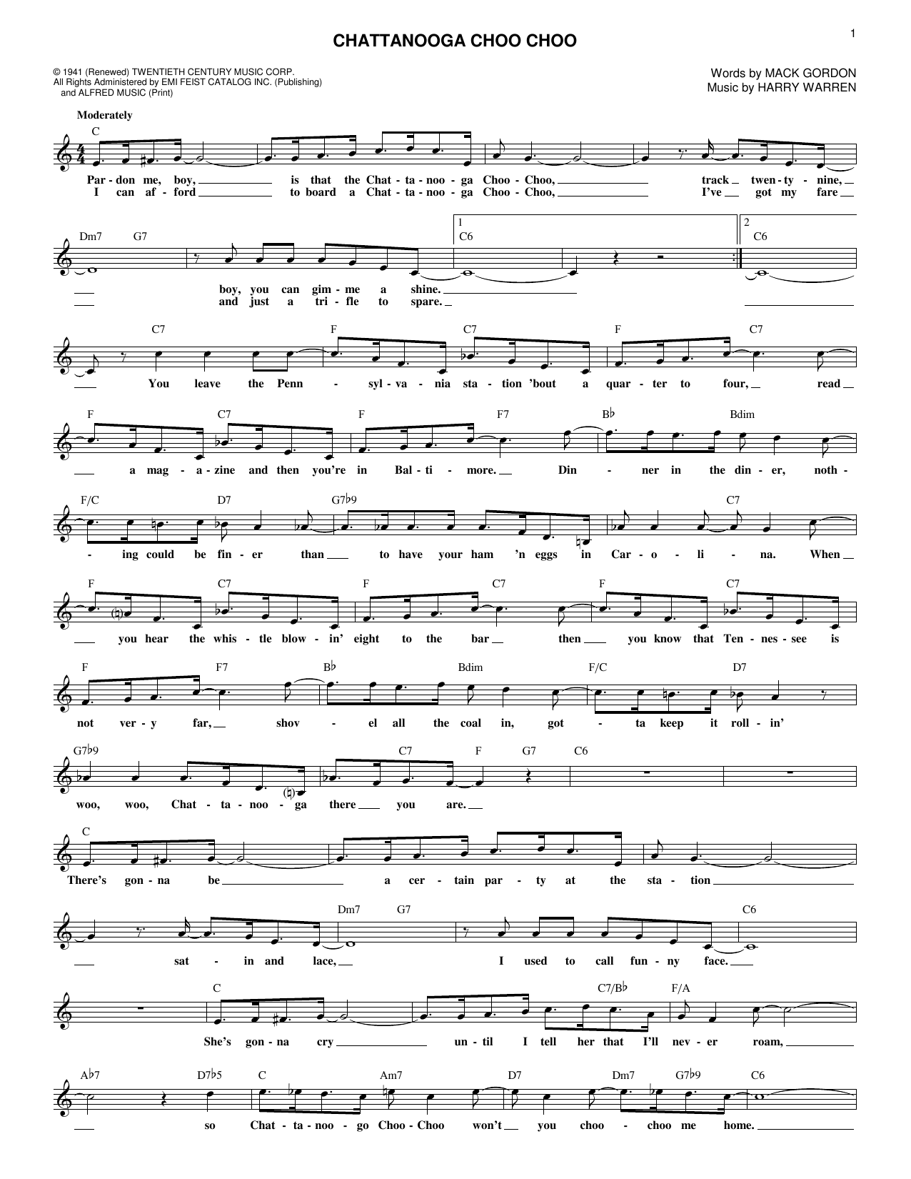 Learn to play Mack Gordon Chattanooga Choo Choo sheet music for Lead Sheet / Fake Book in minutes. Mack Gordon Chattanooga Choo Choo sheet music notes and chords. Download Printable PDF.