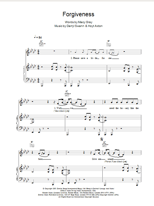 Macy Gray Forgiveness sheet music notes and chords. Download Printable PDF.