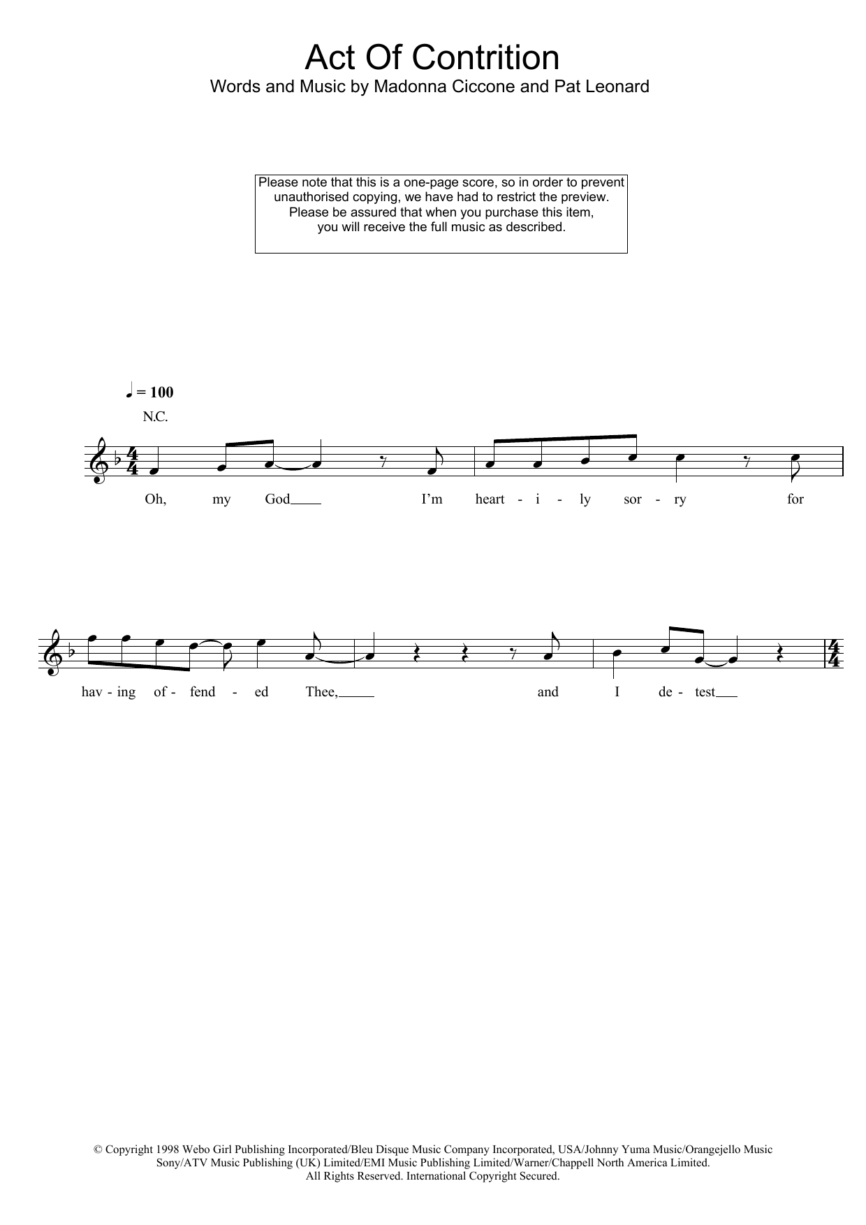 Madonna Act Of Contrition sheet music notes and chords. Download Printable PDF.