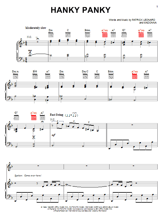 Learn to play Madonna Hanky Panky sheet music for Piano, Vocal & Guitar (Right-Hand Melody) in minutes. Madonna Hanky Panky sheet music notes and chords