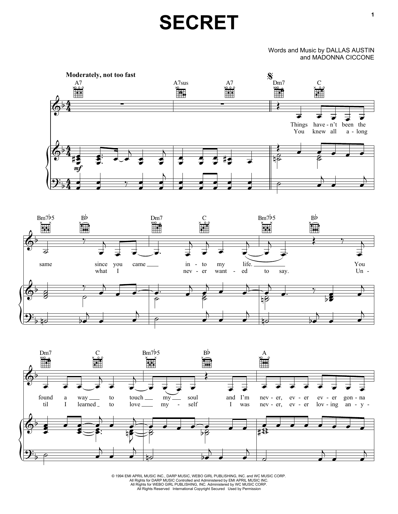 Madonna Secret sheet music notes and chords. Download Printable PDF.