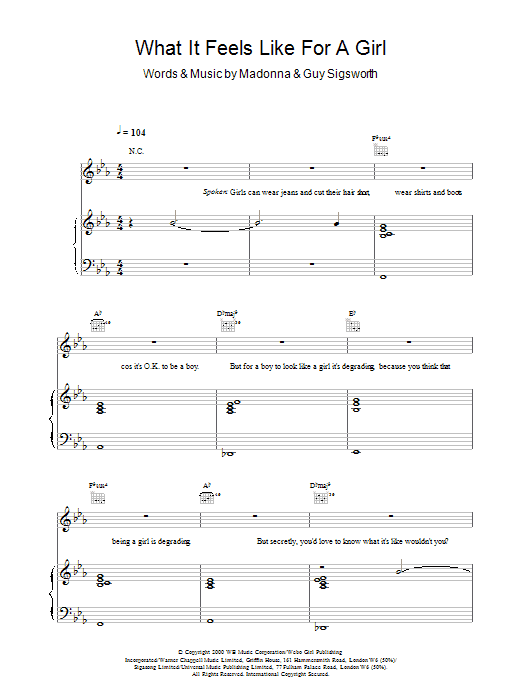 Madonna What It Feels Like For A Girl sheet music notes and chords - Download Printable PDF and start playing in minutes.