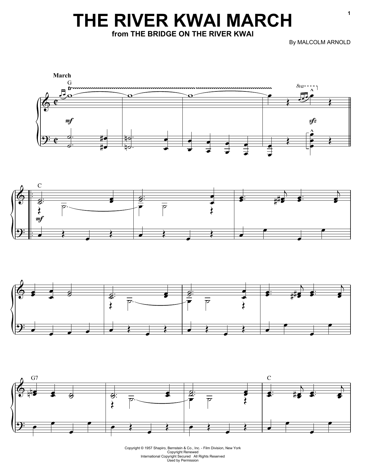 Learn to play Malcolm Arnold The River Kwai March sheet music for Piano Solo in minutes. Price: 6.9900$ Malcolm Arnold The River Kwai March sheet music notes and chords. Download Printable PDF.