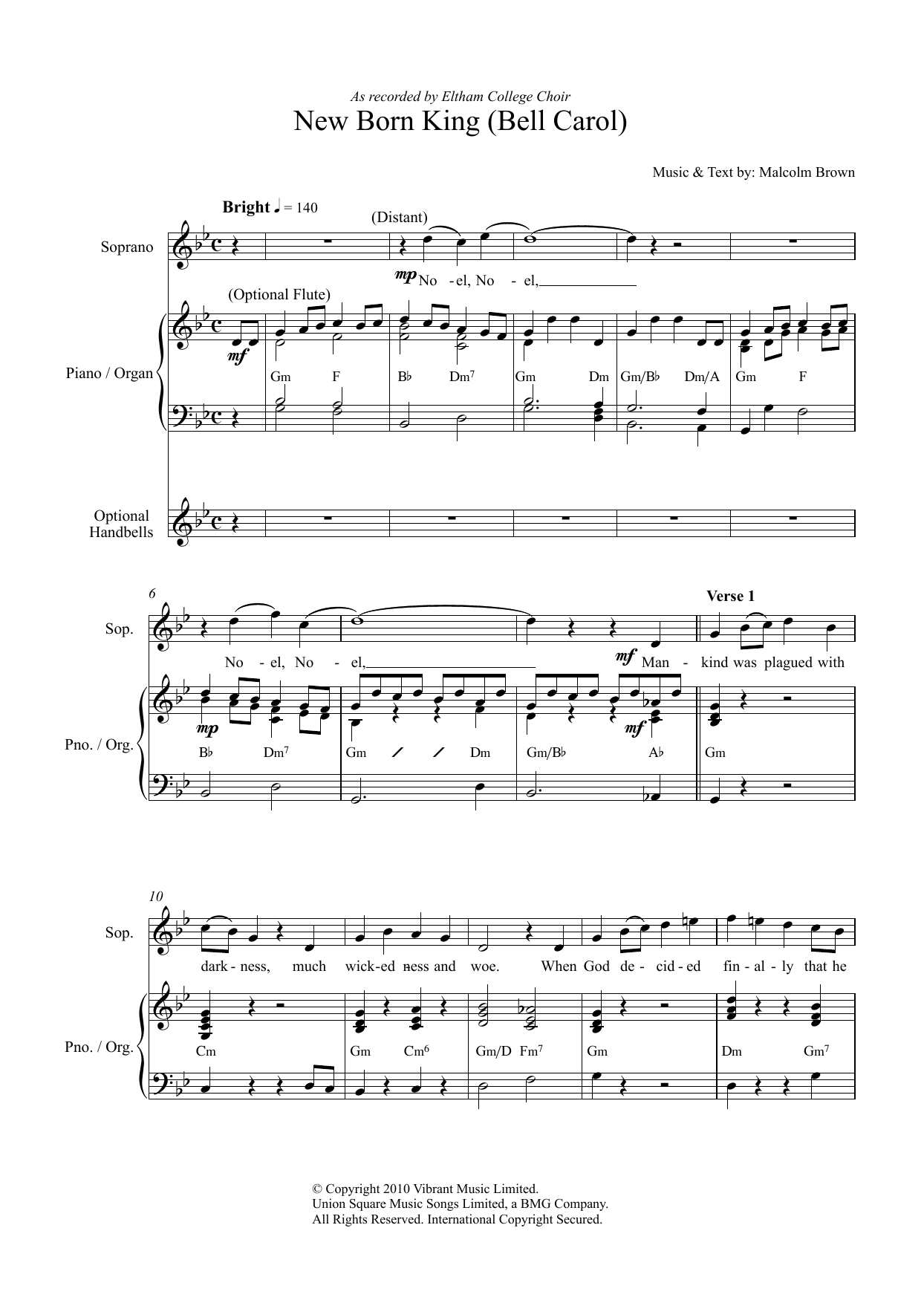 Learn to play Malcolm Brown New Born King (Bell Carol) sheet music for Unison Choir in minutes. Price: 3.9900$ Malcolm Brown New Born King (Bell Carol) sheet music notes and chords arranged for Unison Choir