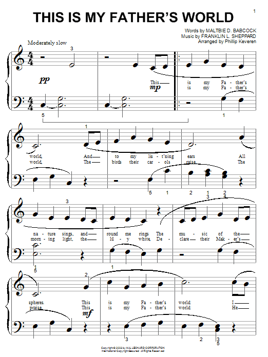 Learn to play Maltbie D. Babcock This Is My Father's World sheet music for Big Note Piano in minutes. Price: 6.9900$ Maltbie D. Babcock This Is My Father's World sheet music notes and chords arranged for Big Note Piano