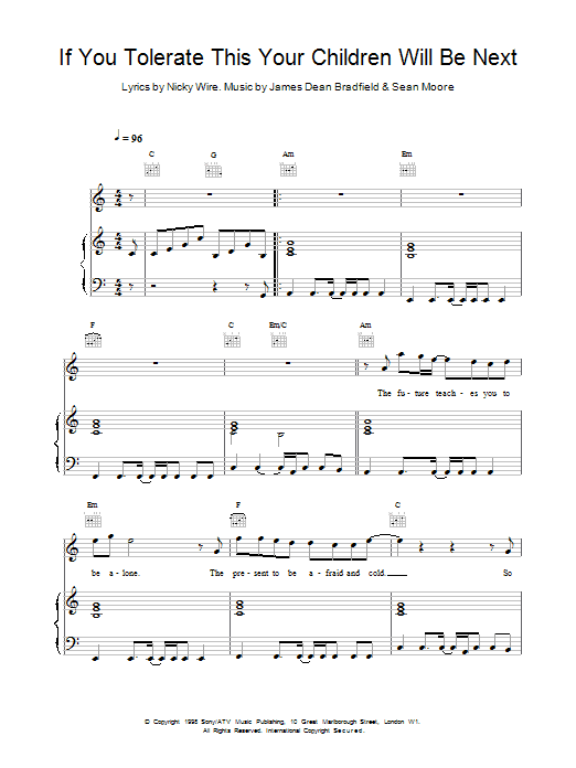 Manic Street Preachers If You Tolerate This Your Children Will Be Next sheet music notes and chords. Download Printable PDF.