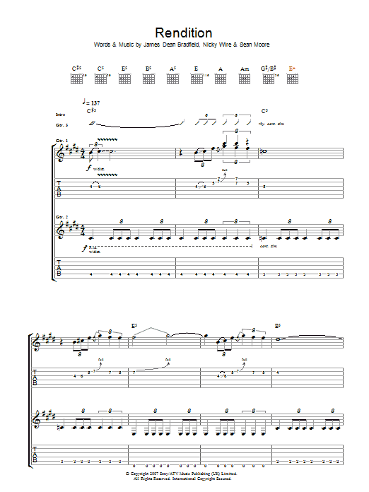 Manic Street Preachers Rendition sheet music notes and chords. Download Printable PDF.