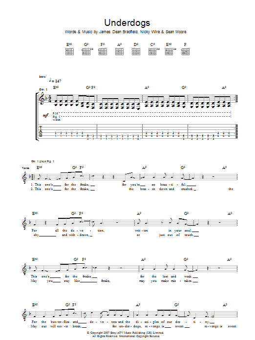 Manic Street Preachers Underdogs sheet music notes and chords. Download Printable PDF.