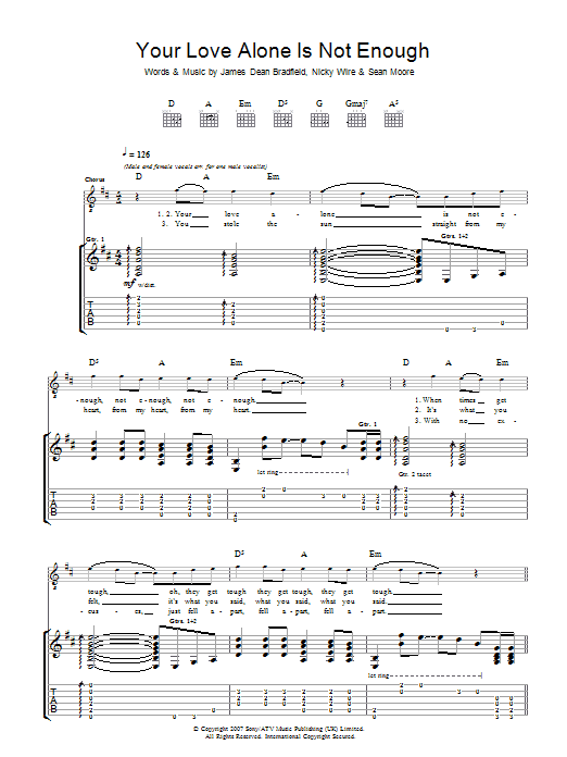 Learn to play Manic Street Preachers Your Love Alone Is Not Enough sheet music for Piano, Vocal & Guitar in minutes. Manic Street Preachers Your Love Alone Is Not Enough sheet music notes and chords. Download Printable PDF.