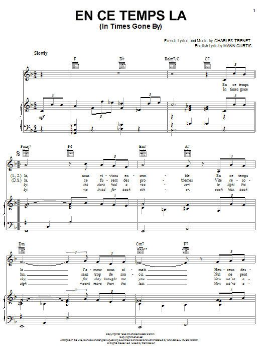 Learn to play Mann Curtis En Ce Temps La (In Times Gone By) sheet music for Piano, Vocal & Guitar (Right-Hand Melody) in minutes. Mann Curtis En Ce Temps La (In Times Gone By) sheet music notes and chords. Download Printable PDF.