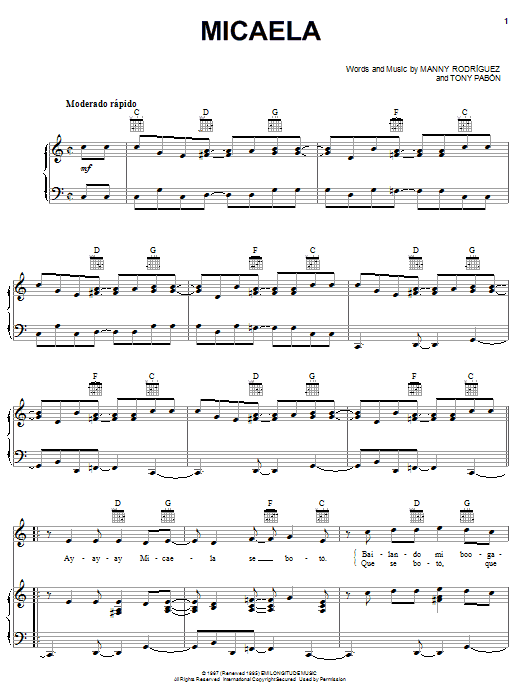 Tony Pabon Micaela sheet music notes and chords. Download Printable PDF.
