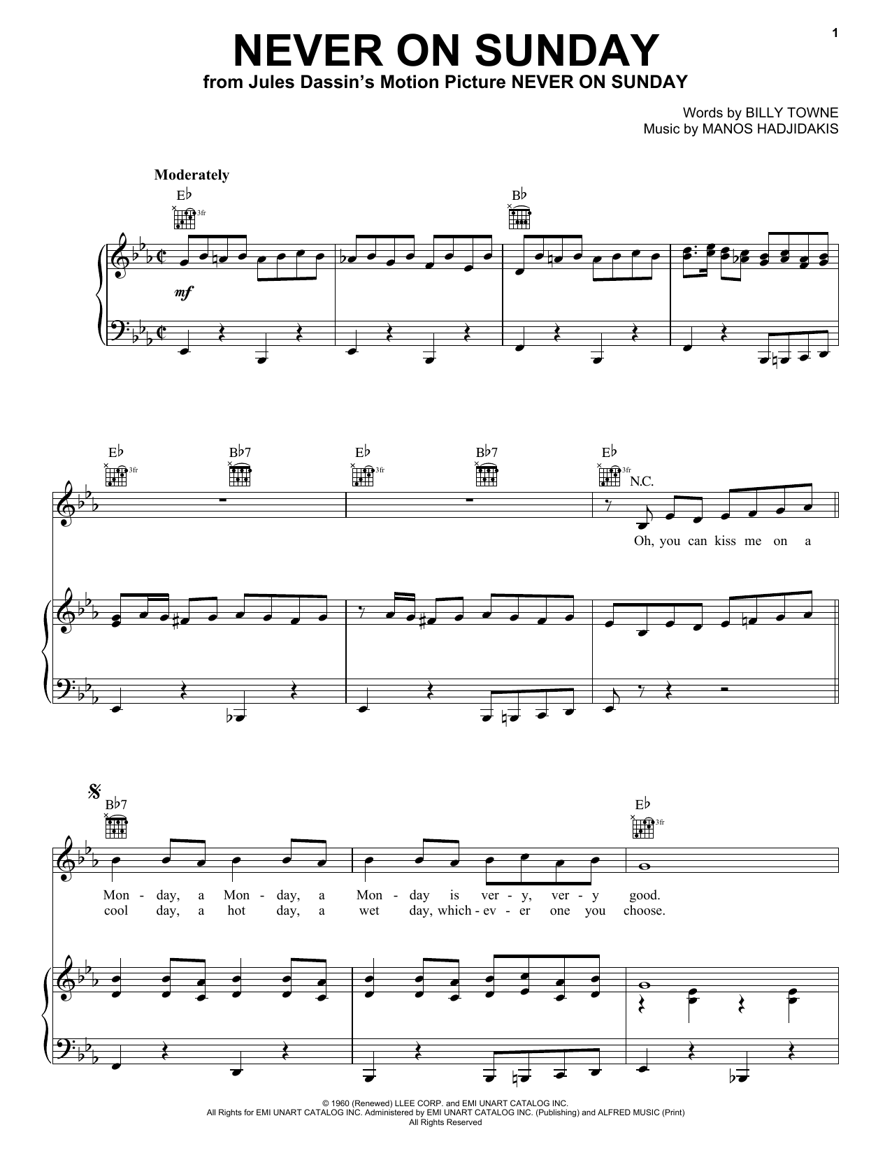 Manos Hadjidakis Never On Sunday sheet music notes and chords. Download Printable PDF.
