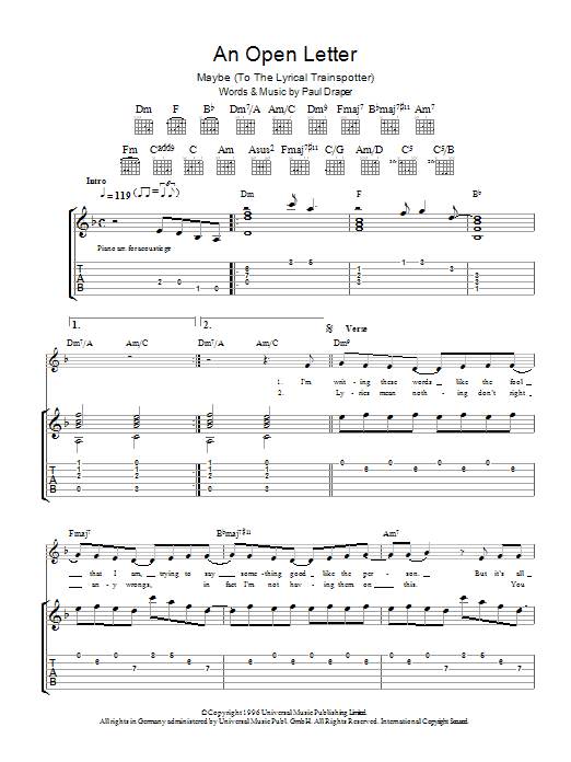 Mansun An Open Letter sheet music notes and chords. Download Printable PDF.