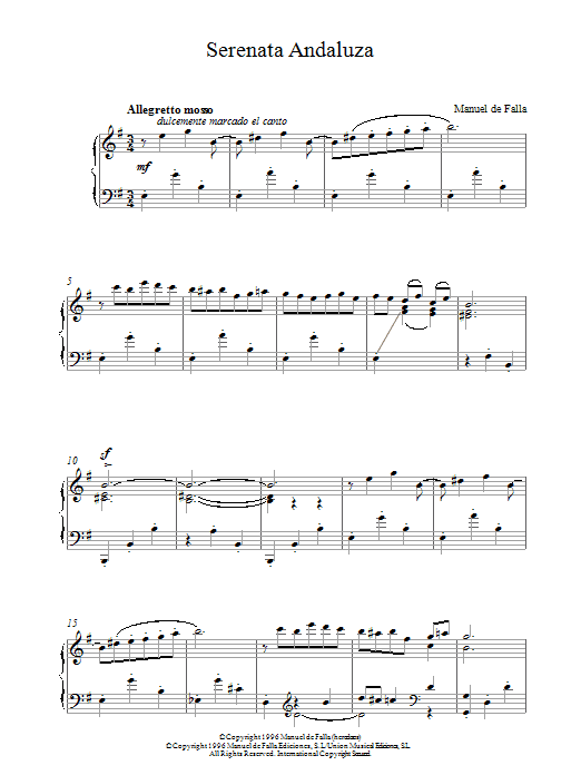 Manuel De Falla Serenata Andaluza sheet music for Piano Solo in minutes. Price: 7.8900$ Manuel De Falla Serenata Andaluza sheet music notes and chords. Download Printable PDF.