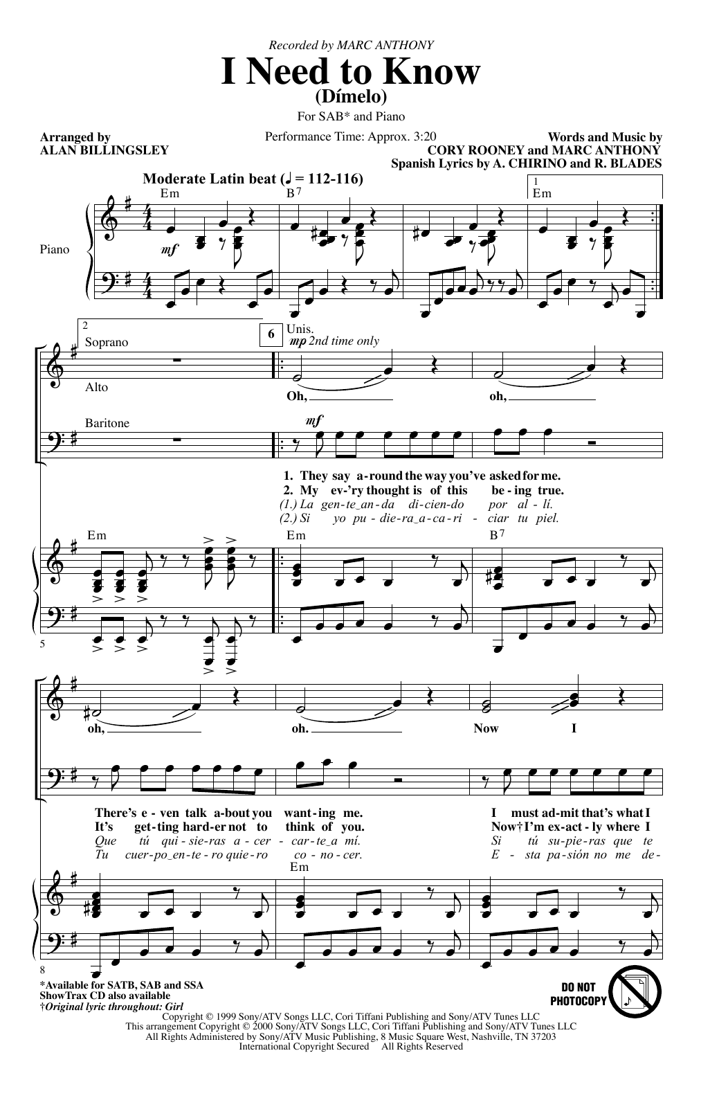 Learn to play Marc Anthony I Need To Know (Dimelo) (arr. Alan Billingsley) sheet music for SSA Choir in minutes. Price: 3.9900$ Marc Anthony I Need To Know (Dimelo) (arr. Alan Billingsley) sheet music notes and chords arranged for SSA Choir