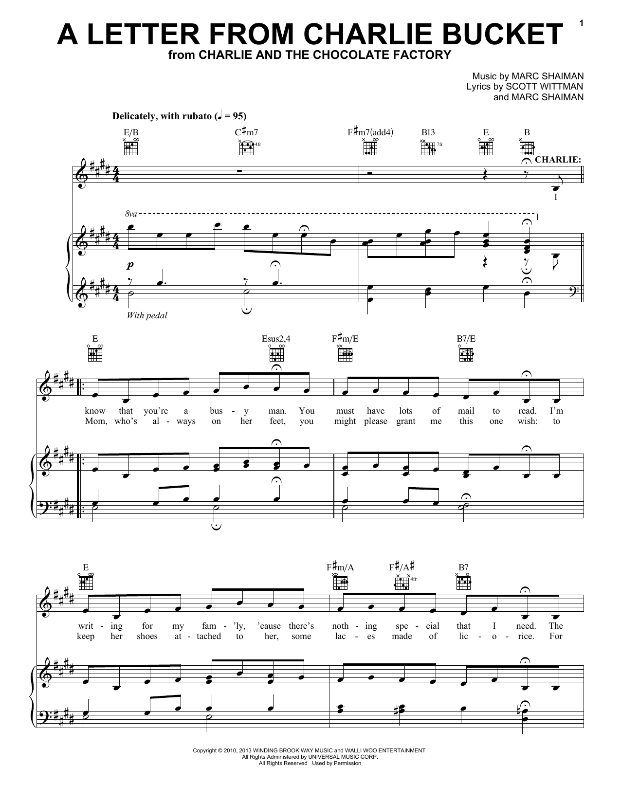 Learn to play Marc Shaiman A Letter From Charlie Bucket sheet music for Piano & Vocal in minutes. Marc Shaiman A Letter From Charlie Bucket sheet music notes and chords. Download Printable PDF.