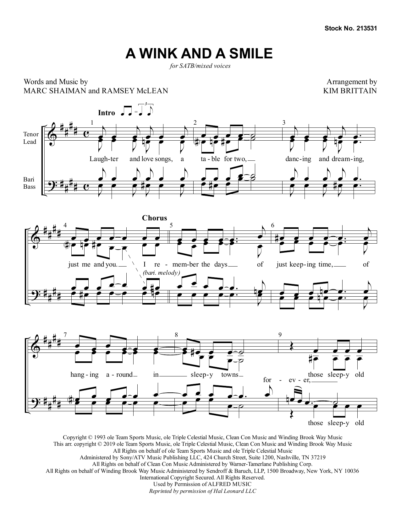 Learn to play Marc Shaiman A Wink And A Smile (arr. Kim Brittain) sheet music for TTBB Choir in minutes. Price: 3.9900$ Marc Shaiman A Wink And A Smile (arr. Kim Brittain) sheet music notes and chords arranged for TTBB Choir