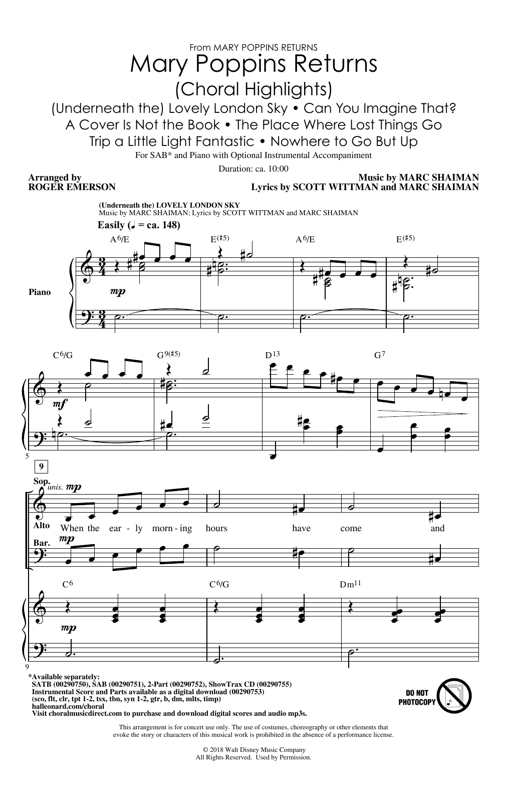 Learn to play Marc Shaiman & Scott Wittman Mary Poppins Returns (Choral Highlights) (arr. Roger Emerson) sheet music for SATB Choir in minutes. Price: 4.7900$ Marc Shaiman & Scott Wittman Mary Poppins Returns (Choral Highlights) (arr. Roger Emerson) sheet music notes and chords arranged for SATB Choir