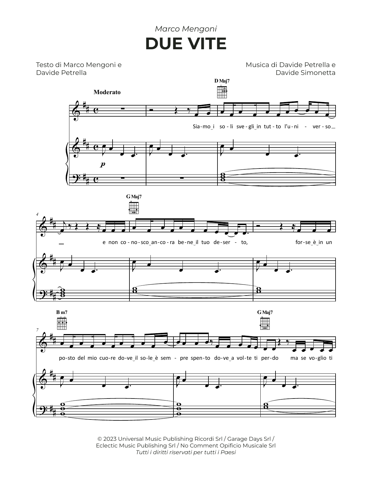 Marco Mengoni Due Vite sheet music notes and chords. Download Printable PDF.