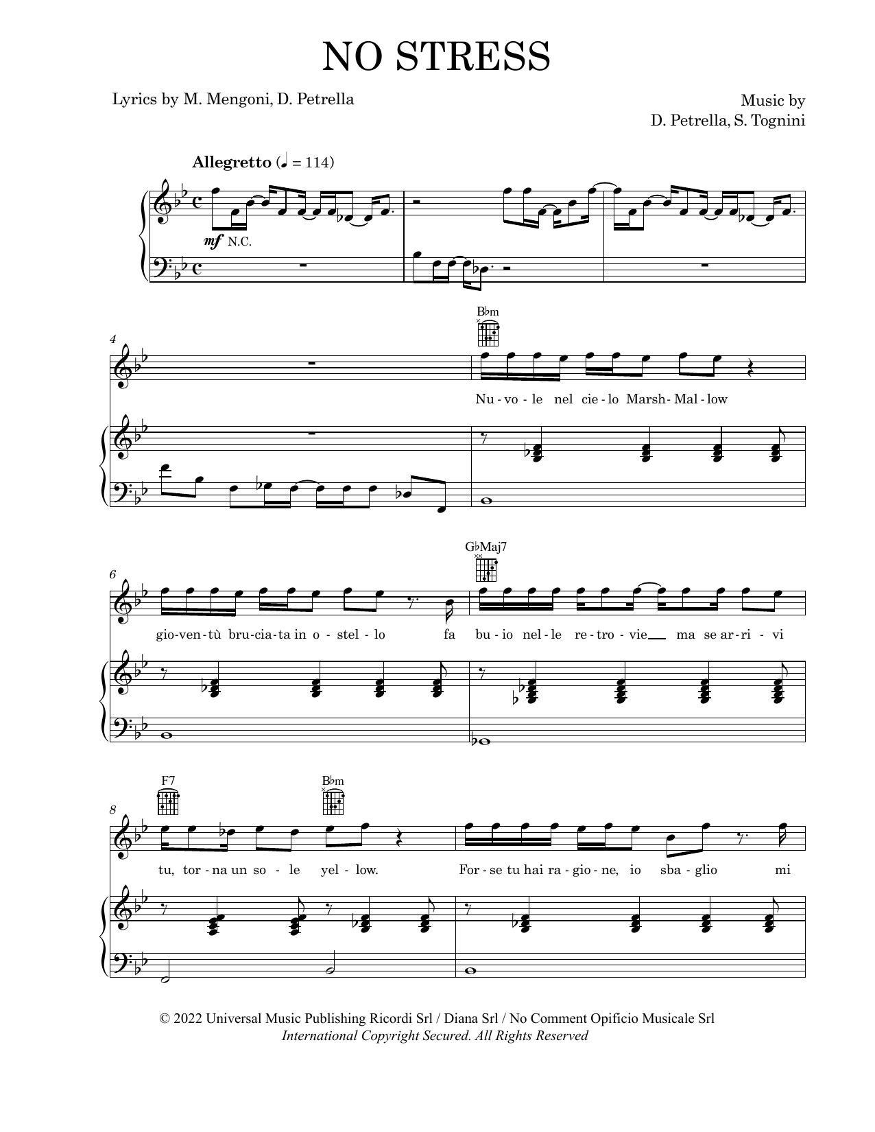 Marco Mengoni No Stress sheet music notes and chords. Download Printable PDF.