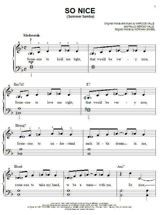 Marcos Valle So Nice (Summer Samba) sheet music notes and chords arranged for Easy Piano