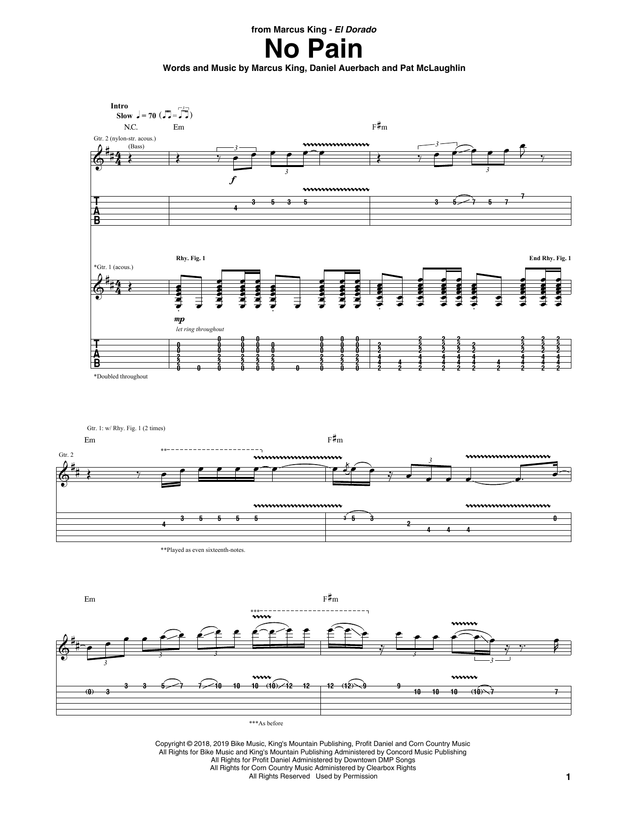 Marcus King No Pain sheet music notes and chords. Download Printable PDF.