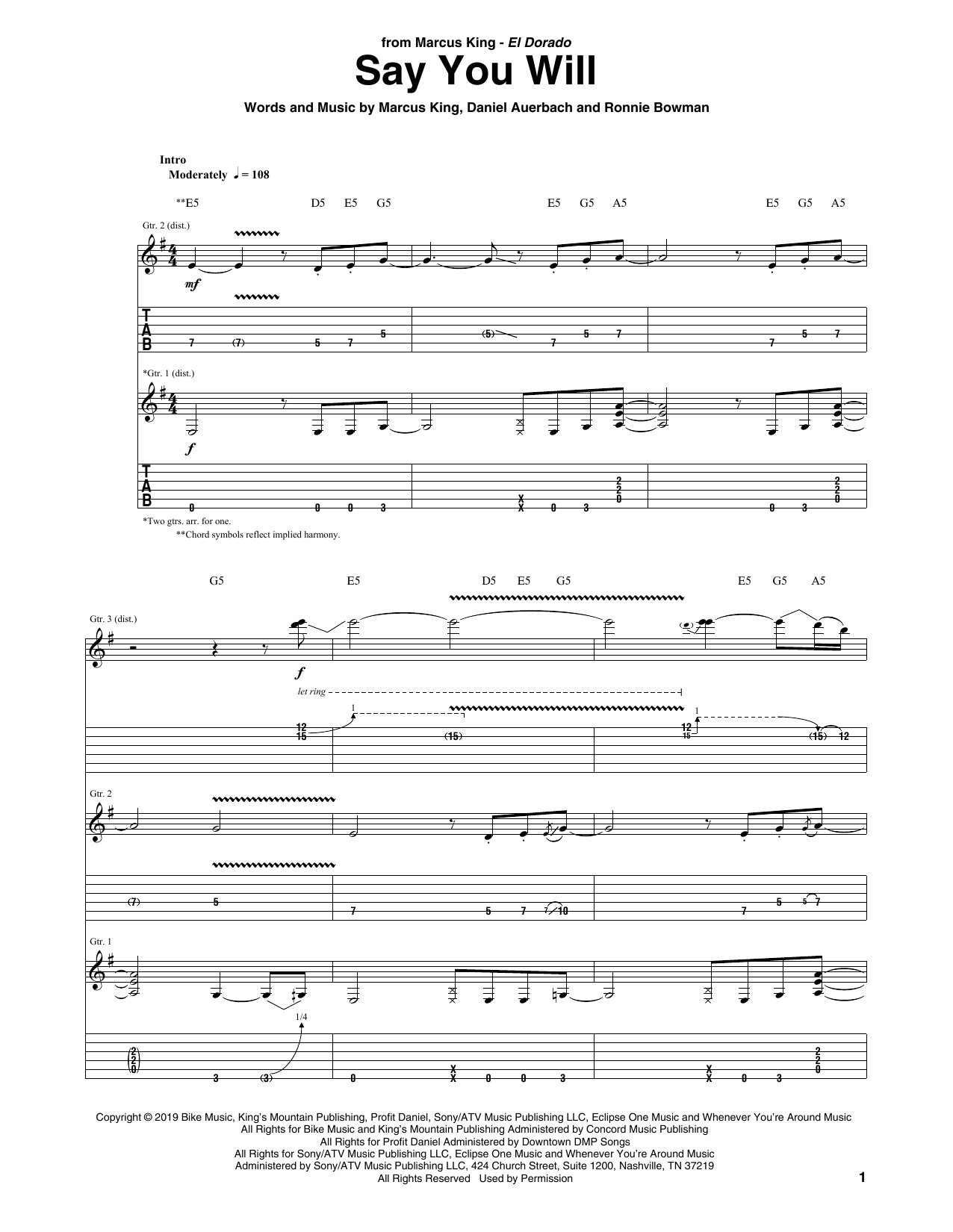 Marcus King Say You Will sheet music notes and chords. Download Printable PDF.