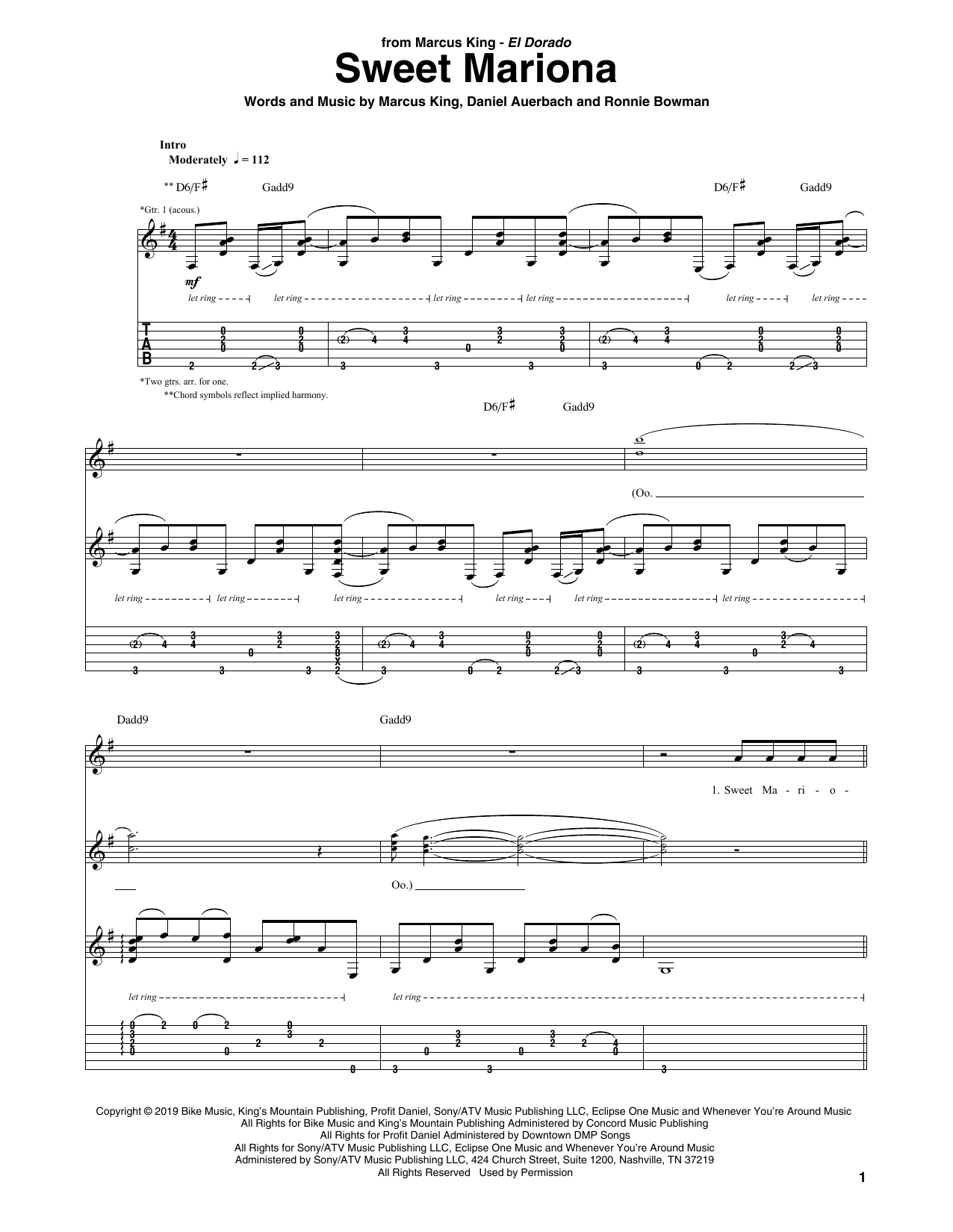 Marcus King Sweet Mariona sheet music notes and chords. Download Printable PDF.