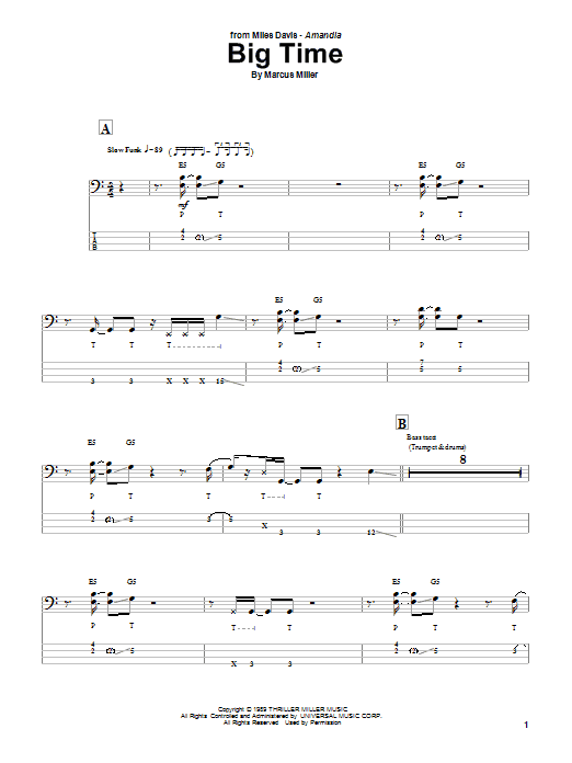 Marcus Miller Big Time sheet music notes and chords. Download Printable PDF.