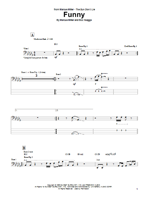 Marcus Miller Funny sheet music notes and chords. Download Printable PDF.