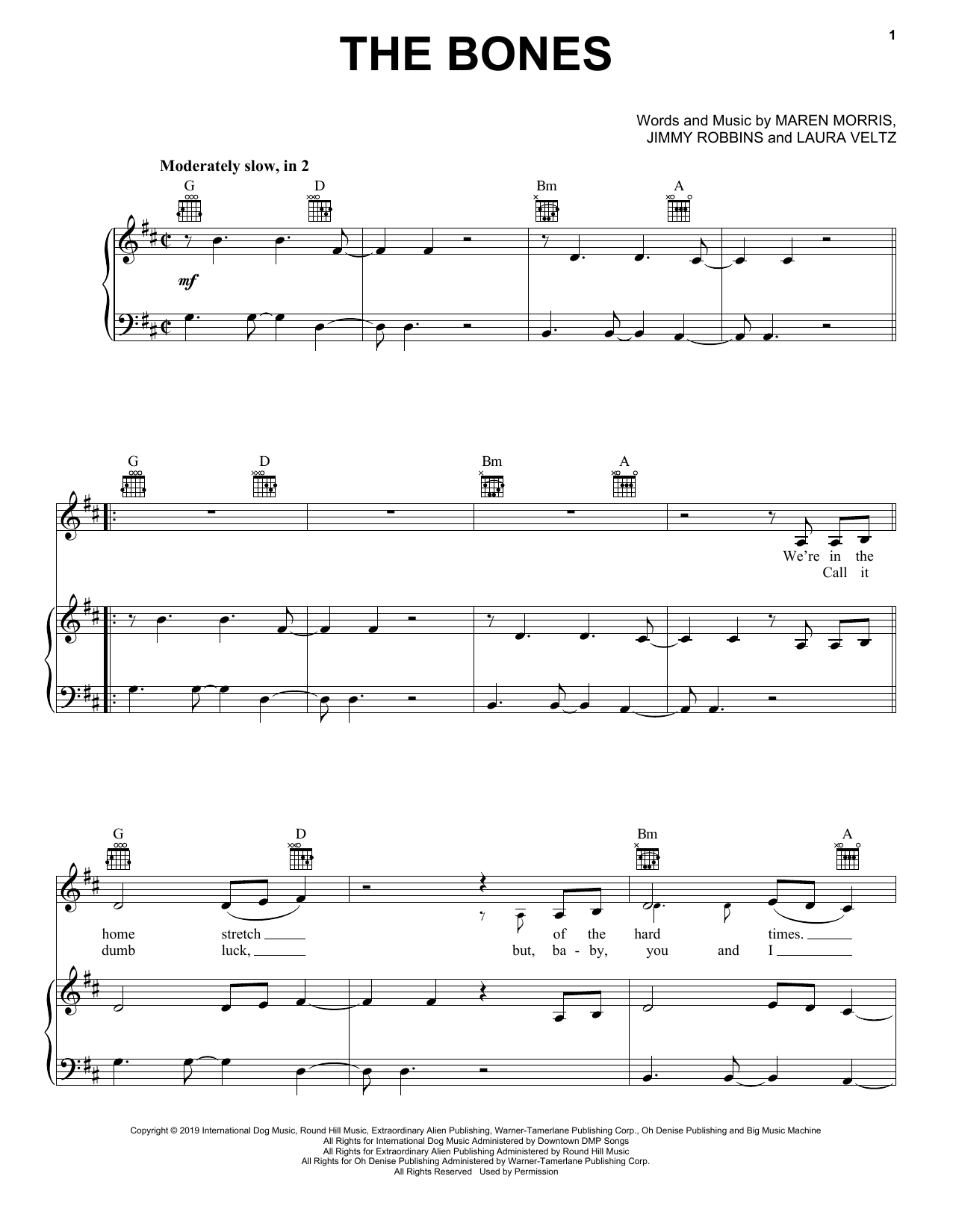 Learn to play Maren Morris The Bones sheet music for Piano, Vocal & Guitar (Right-Hand Melody) in minutes. Maren Morris The Bones sheet music notes and chords