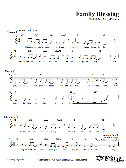 Marge Eiseman Family Blessing sheet music notes and chords. Download Printable PDF.