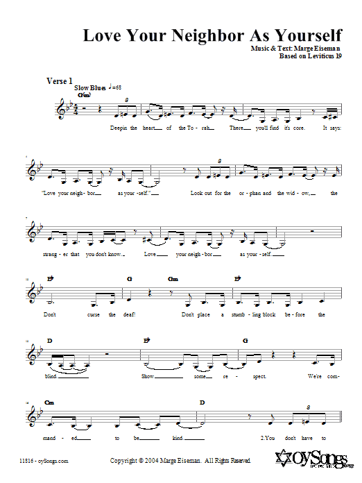 Learn to play Marge Eiseman Love Your Neighbor As Yourself sheet music for Lead Sheet / Fake Book in minutes. Price: 5.9900$ Marge Eiseman Love Your Neighbor As Yourself sheet music notes and chords arranged for Lead Sheet / Fake Book