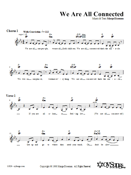 Learn to play Marge Eiseman We Are All Connected sheet music for Lead Sheet / Fake Book in minutes. Price: 5.9900$ Marge Eiseman We Are All Connected sheet music notes and chords arranged for Lead Sheet / Fake Book