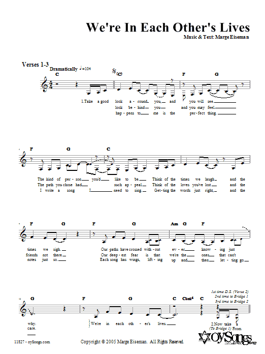 Learn to play Marge Eiseman We're In Each Other's Lives sheet music for Lead Sheet / Fake Book in minutes. Price: 5.9900$ Marge Eiseman We're In Each Other's Lives sheet music notes and chords arranged for Lead Sheet / Fake Book