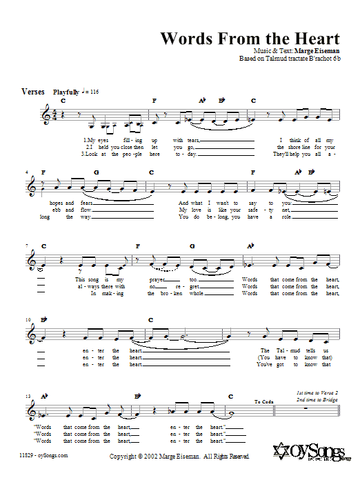 Learn to play Marge Eiseman Words from the Heart sheet music for Lead Sheet / Fake Book in minutes. Price: 5.9900$ Marge Eiseman Words from the Heart sheet music notes and chords arranged for Lead Sheet / Fake Book