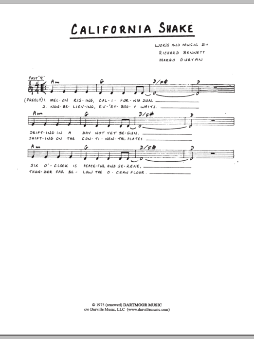 Margo Guryan California Shake sheet music notes and chords. Download Printable PDF.