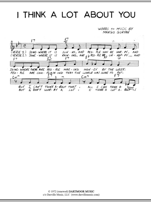 Learn to play Margo Guryan I Think A Lot About You sheet music for Lead Sheet / Fake Book in minutes. Price: 5.9900$ Margo Guryan I Think A Lot About You sheet music notes and chords arranged for Lead Sheet / Fake Book