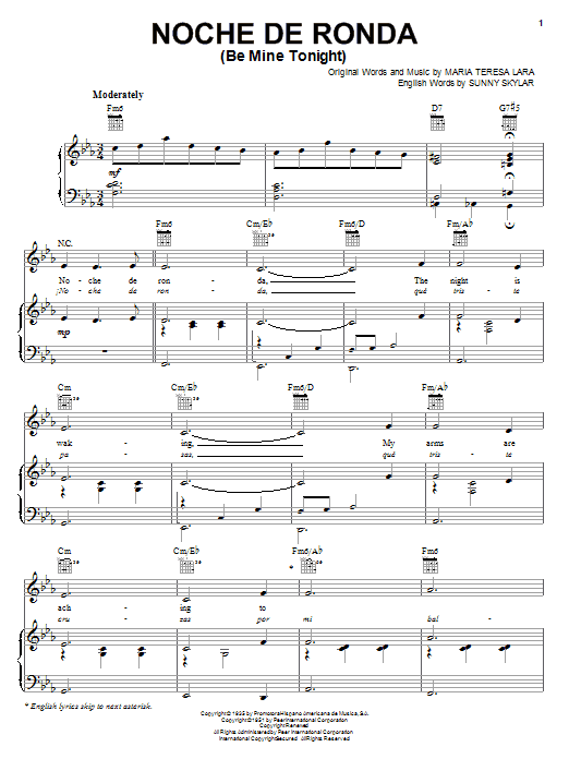 Learn to play Maria Teresa Lara Noche De Ronda (Be Mine Tonight) sheet music for Guitar Chords/Lyrics in minutes. Price: 5.8900$ Maria Teresa Lara Noche De Ronda (Be Mine Tonight) sheet music notes and chords. Download Printable PDF.