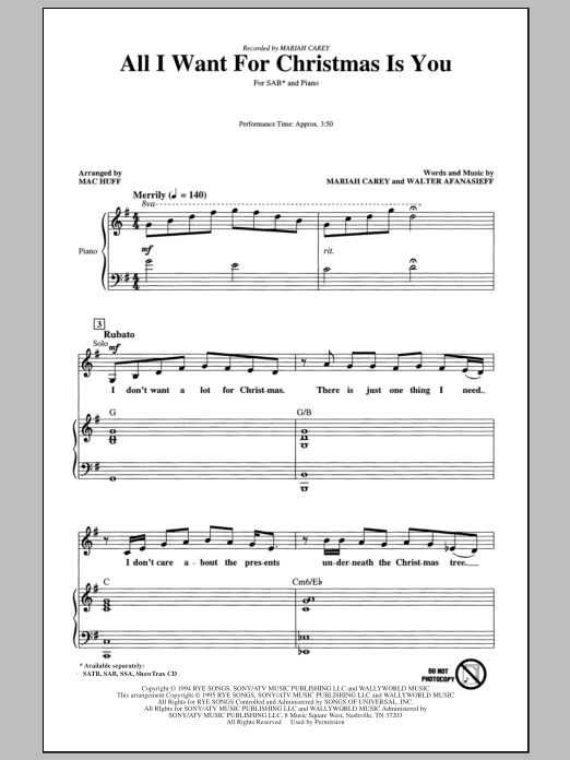 Learn to play Mariah Carey All I Want For Christmas Is You (arr. Mac Huff) sheet music for SAB Choir in minutes. Mariah Carey All I Want For Christmas Is You (arr. Mac Huff) sheet music notes and chords. Download Printable PDF.